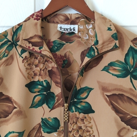 Teddi 90's Vintage Floral Printed Lightweight Silky Zip Up Jacket Brown Green SP - Picture 2 of 14